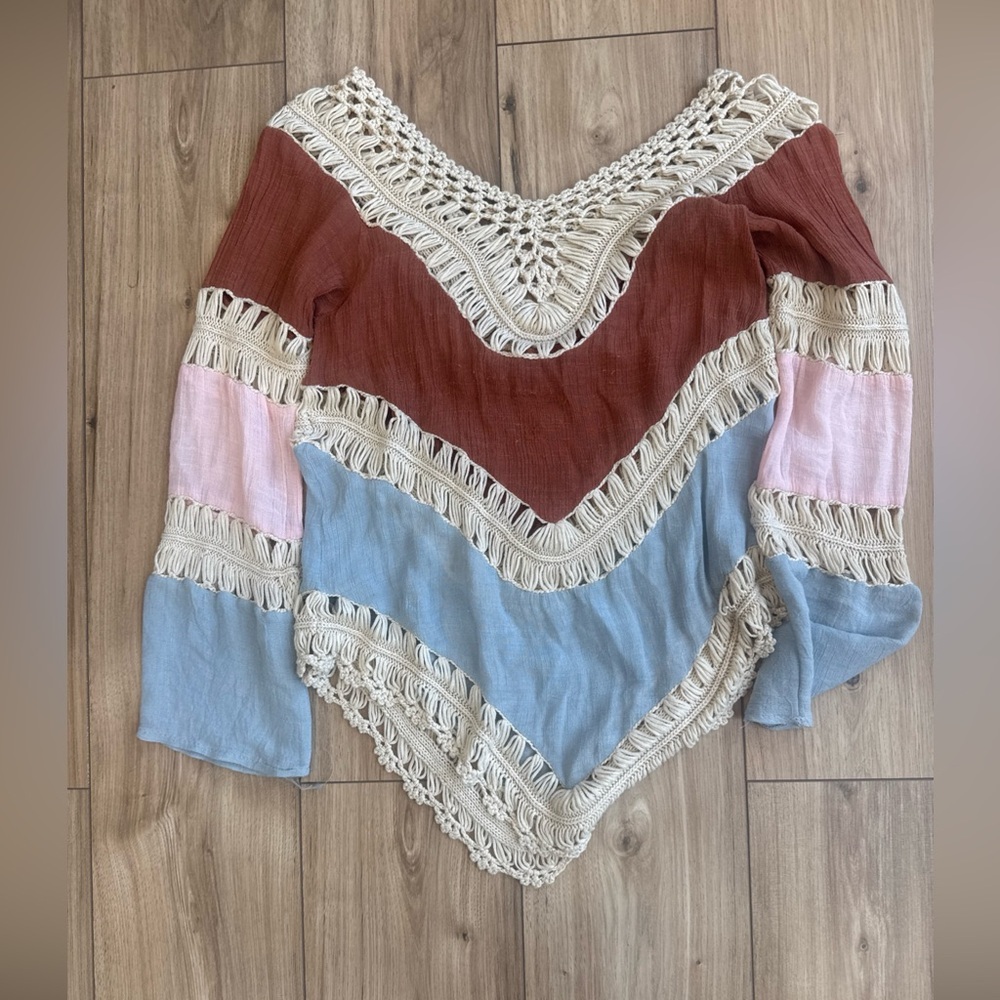 Beautiful Sz S Boho Hippie Crochet Gauzy Striped V-Neck Long Sleeve Top Coverup - Picture 9 of 10